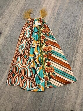 ⁠DIXIE Italy NWT Abstract Floral Satin Maxi Dress with Feather Straps Size M⁠